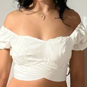 White off the shoulder wrap around top $20